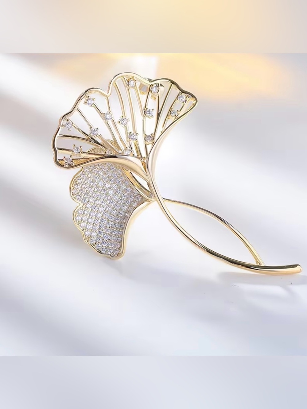 gold-toned alloy ginkgo leaf brooch pavé rhinestones delicate botanical design